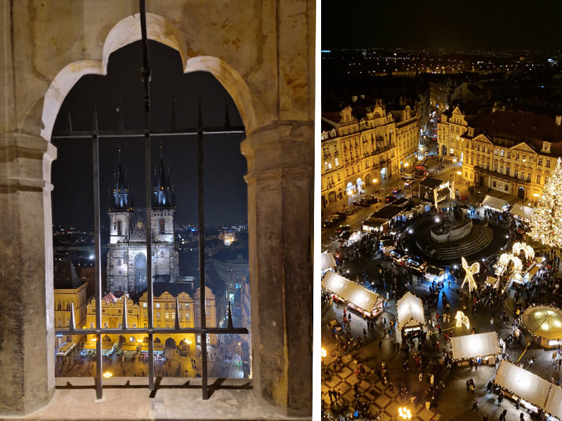 Vistas del mercadillo navideño de la plaza de la Ciudad Vieja desde la torre del Ayuntamiento de Praga
